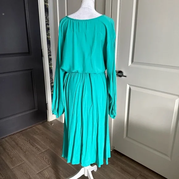 Alexis Teal Blue 100% Silk Long Sleeve Midi Dress with Beaded Sash Belt Size L - Picture 5 of 12